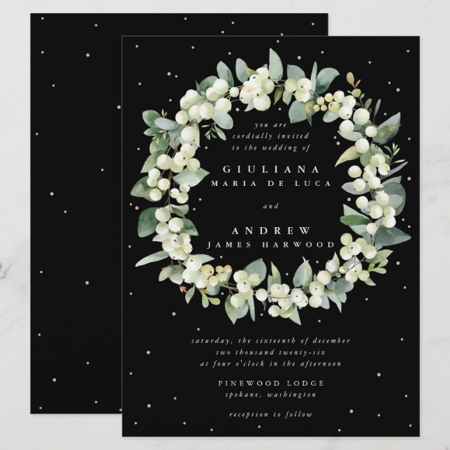 Convite Grande Coroa de Casamento de Snowberry Preto + Euc (Frente/Verso)