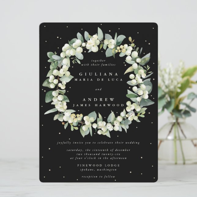 Convite Grande Coroa de Casamento de Snowberry Preto + Euc (Em pé/Frente)