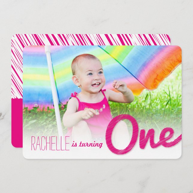 Convite Grande Desenho Rosa, Festa de primeiro aniversario (Frente/Verso)