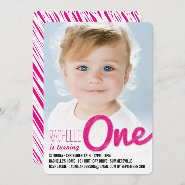 Convite Grande Desenho Rosa Uma Menina Primeira Festa de a (Frente/Verso)