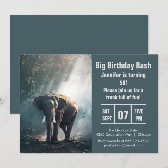 Convite Grande Foto de Elefante de Aniversário (Frente/Verso)