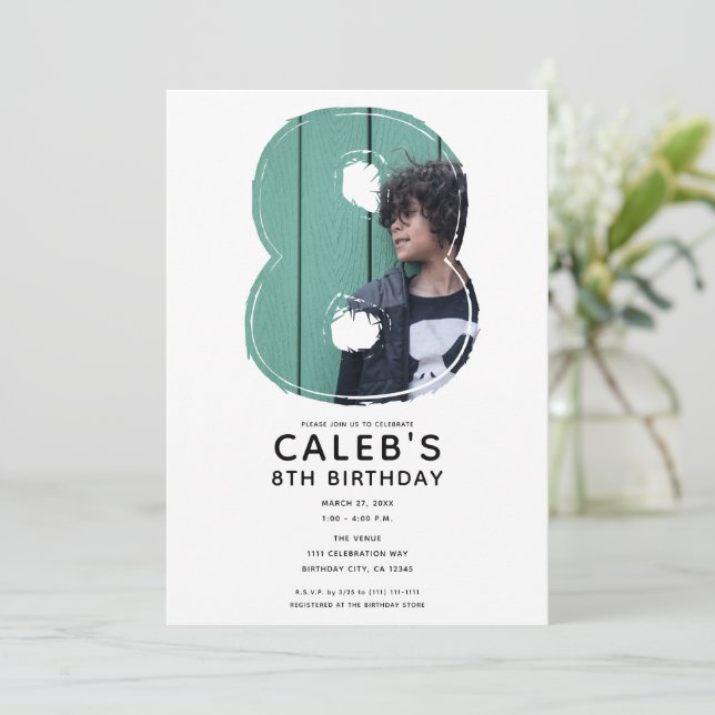 Convite Grande Número 8 Oito Foto 8º Festa de Aniversário (Em pé/Frente)