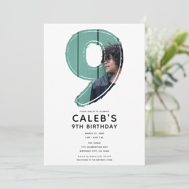 Convite Grande Número 9 Nove Foto 9º Festa de Aniversário (Em pé/Frente)