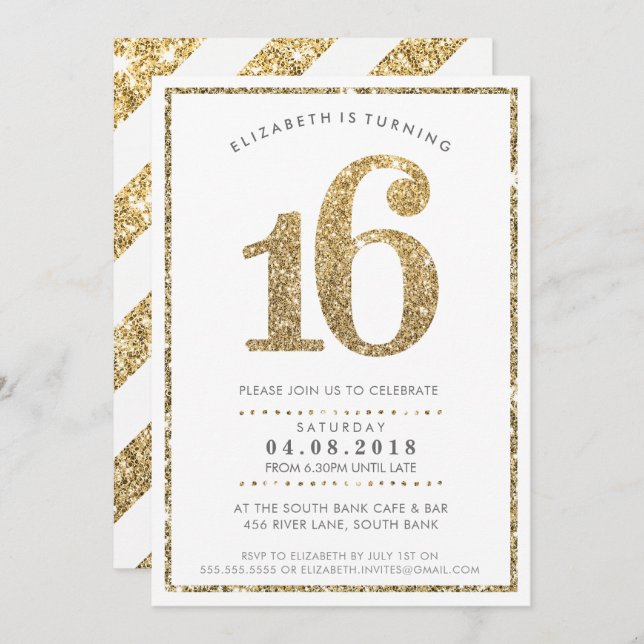 Convite GRANDE NÚMERO DE IDADE CONVIDAR 16 brilhantes de o (Frente/Verso)