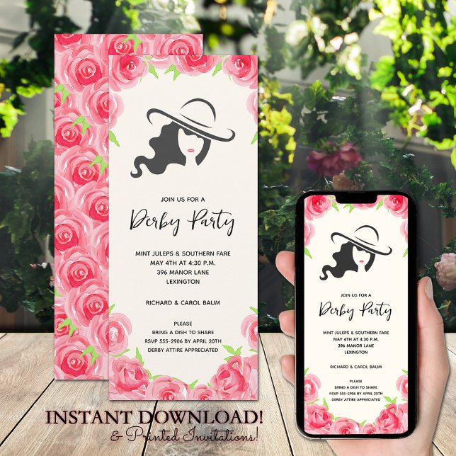 Convite Grande Partido do Chapéu e Rosas Derby (Big Hat and Roses Derby Party Invitations - INSTANT DOWNLOAD and printed!)