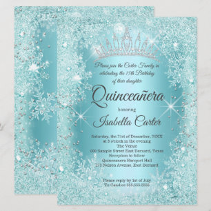 Convite Grande Quinceanera Floco de Neve Azul-turquesa Inv