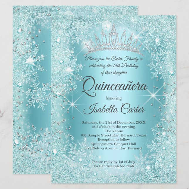 Convite Grande Quinceanera Floco de Neve Azul-turquesa Inv (Frente/Verso)