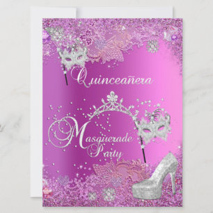 Convite Grande Tiara Rosa de Mascarada Quinceanera Festa d