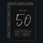 Convite Grandes Cinquenta | Festa de aniversário prateada<br><div class="desc">Celebre seu dia especial com este simples convite de aniversário 50º na moda. Este design apresenta um script de pincel "The Big 50" com um layout limpo em uma combinação de cores preta e prateada. Há mais designs e suprimentos de festas disponíveis no meu compro,  BaraBomDesign.</div>