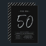 Convite Grandes Cinquenta | Festa de aniversário prateada<br><div class="desc">Celebre seu dia especial com este simples convite de aniversário 50º na moda. Este design apresenta um script de pincel "The Big 50" com um layout limpo em uma combinação de cores preta e prateada. Há mais designs e suprimentos de festas disponíveis no meu compro,  BaraBomDesign.</div>