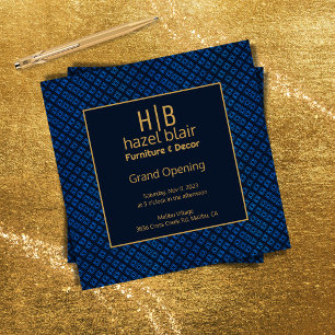 Convite Grandes empresas Douradas Monogramas Blue Squares