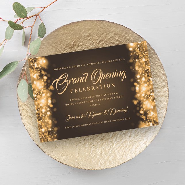 Convite Grandes Luzes Douradas de Abertura Formal da Empre (Formal Corporate Grand Opening Gold Lights Invitation)