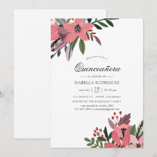 Convite Grandeza Moderna Rosa e Floral Quinceañera