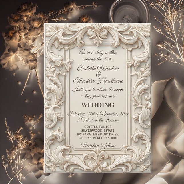 Convite Grandiosidade de Marfim Barroco Luxo com Volutas d (Baroque Ivory Grandeur Acanthus Swirl Luxe Wedding Invitation)