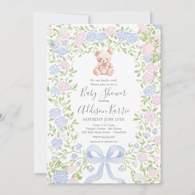 Convite Grandmillennial pink  Bear baby shower invite (Frente)