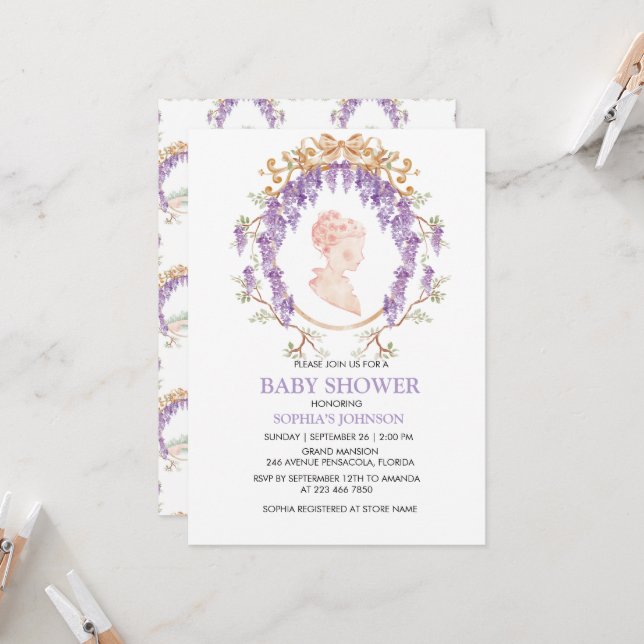Convite Grandmillennial Wisteria Baby Shower Invitation (Frente/Verso In Situ)