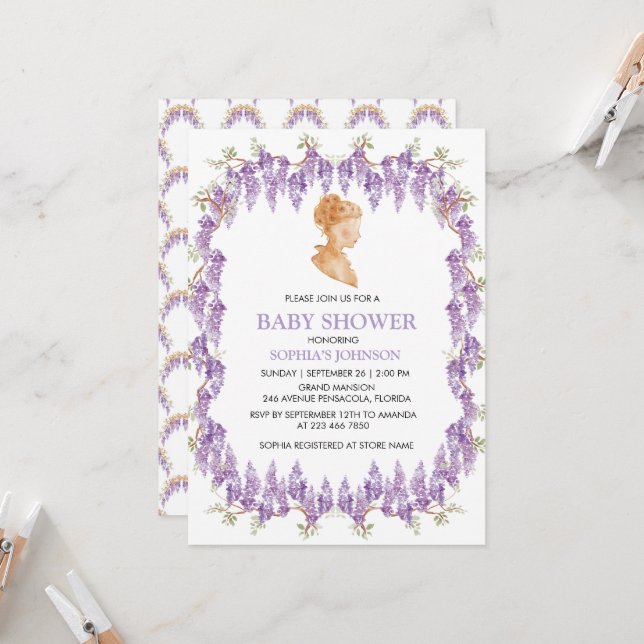Convite Grandmillennial Wisteria Baby Shower Invitation (Frente/Verso In Situ)