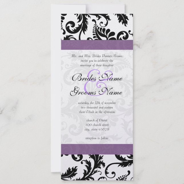 Convite Grape Trim Black Damask Swirls Wedding Invitation (Frente)