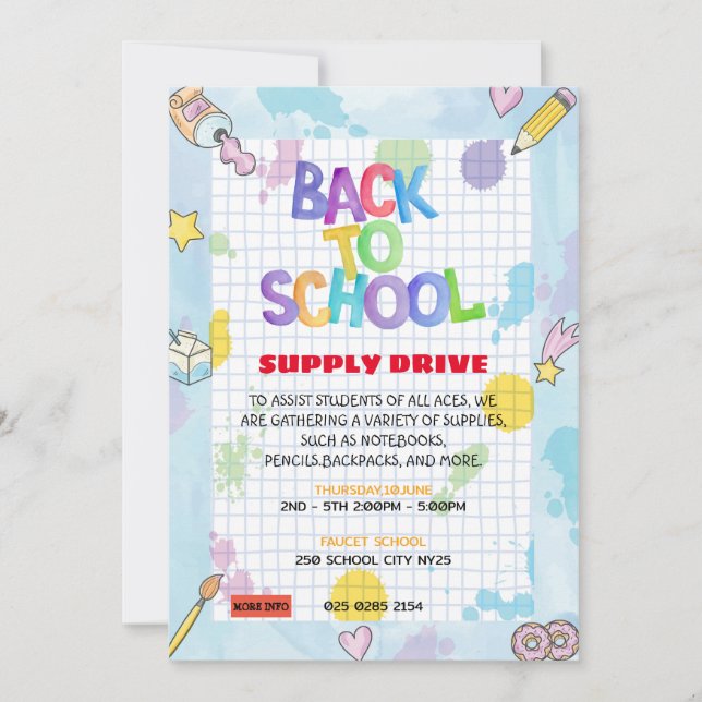 Convite Graph Paper Back to School Supply Drive Fundraise (Frente)