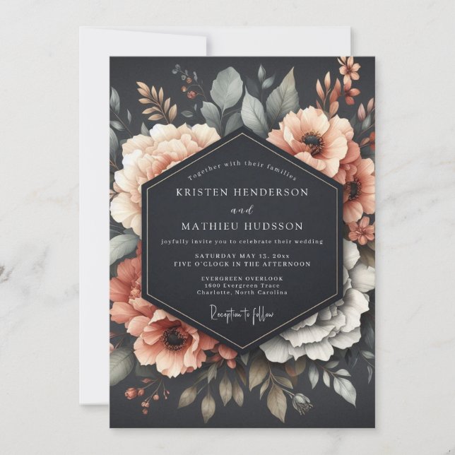 Convite Graphite Coral Somber Flora Wedding (Frente)