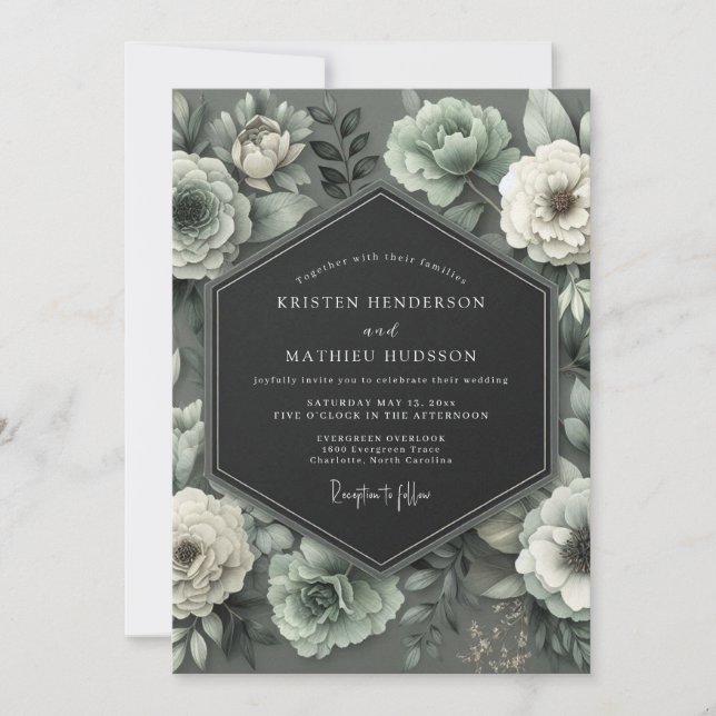 Convite Graphite Mint Bloom Wedding (Frente)