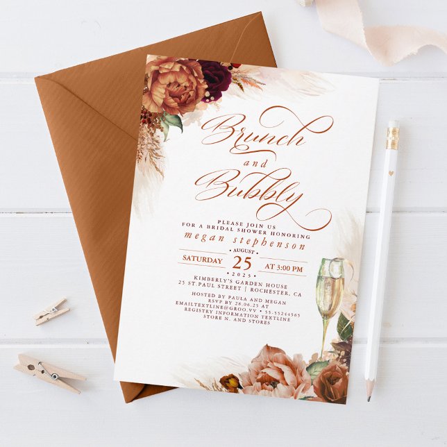 Convite Grass de amêijoa de Chá de panela Brunch e Bubble (Brunch and Bubbly Bridal Shower Invitations for Fall Celebration)