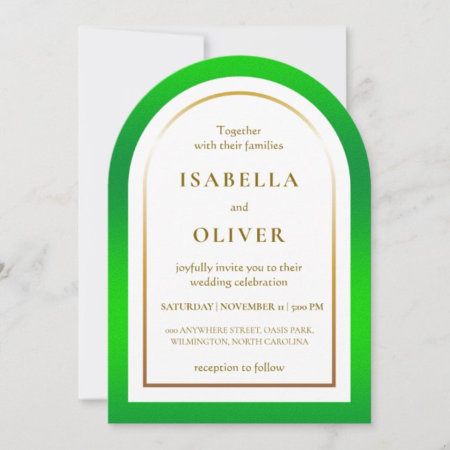 Convite Grass green and golden gradient frame wedding (Frente)