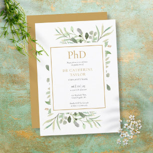 Convite Grau de Phd Aquarela Verde Dourado Graduação