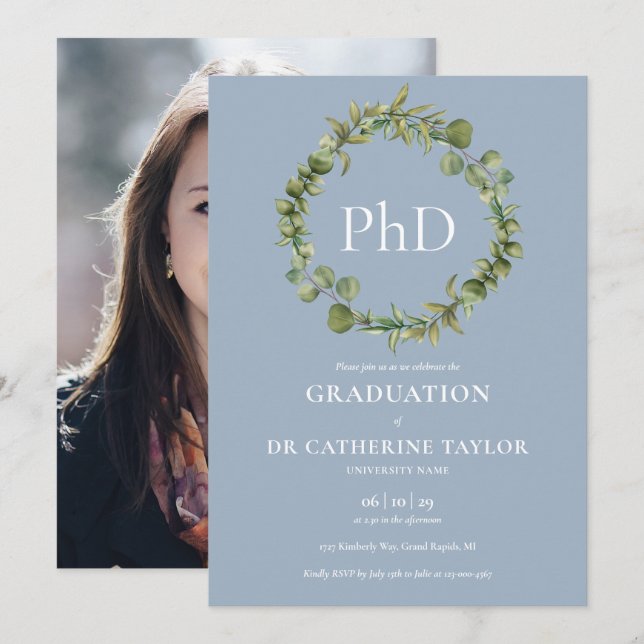 Convite Grau de PhD Blue Garland Foto Formatura (Frente/Verso)