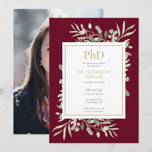 Convite Grau de PhD Burgundy Verde Foto Graduação (Frente/Verso)