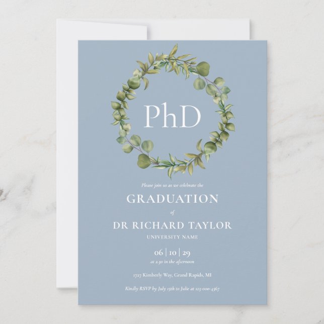 Convite Grau de PhD Dusty Blue Garland Graduação (Frente)