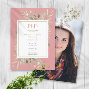 Convite Grau de PhD Dusty Rose Greenery Foto Graduação