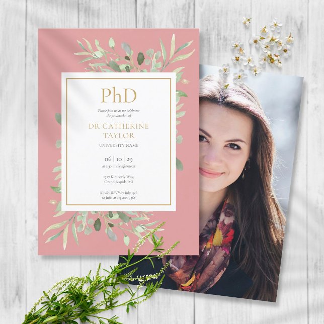 Convite Grau de PhD Dusty Rose Greenery Foto Graduação (Criador carregado)