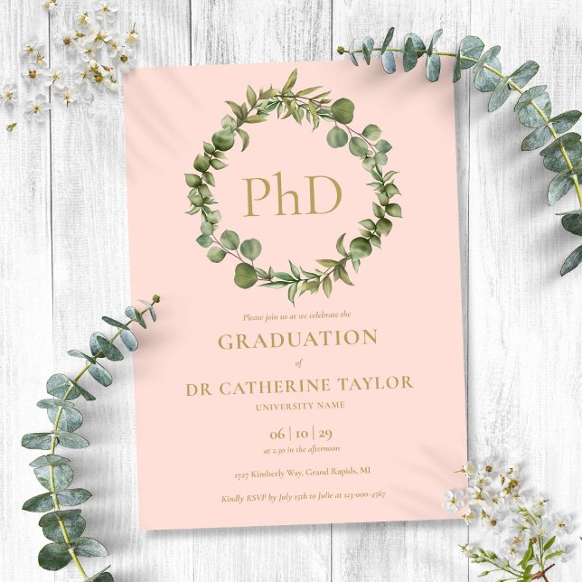 Convite Grau de PhD Grinalda Rosa Bege Formatura (PhD Degree Blush Pink Garland Graduation Invitation)