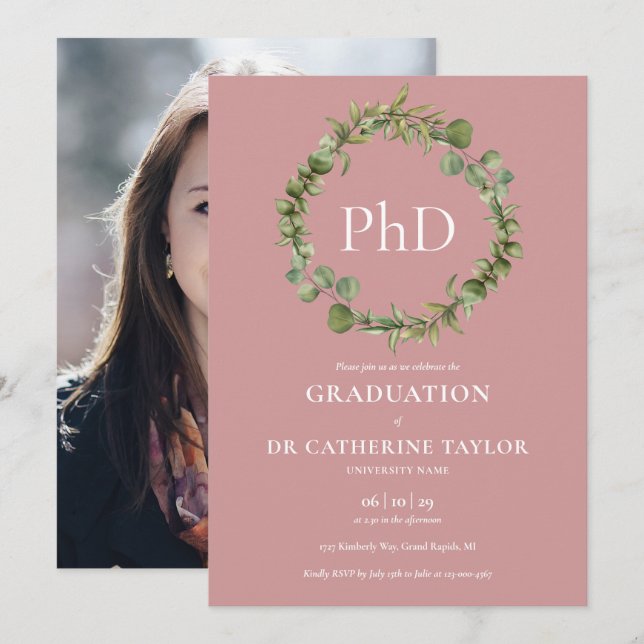 Convite Grau de PhD Grinalda Rosa Empoeirada Foto Graduaçã (Frente/Verso)