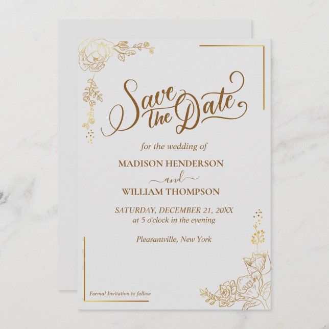 Convite Gravando Ouro Floral Casamento Salve A Data (Frente/Verso)