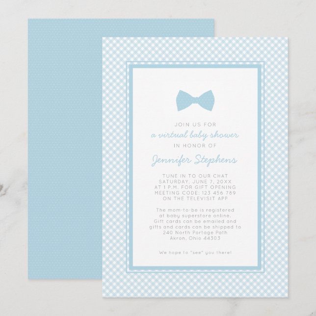 Convite Gravata borboleta azul xadrez chá de bebê virtual (Frente/Verso)