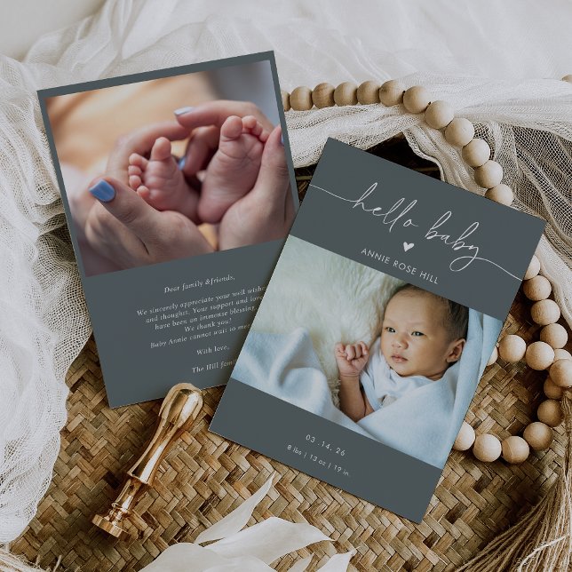 Convite Gray Boho Photo Hello Baby Announcement Card (Criador carregado)