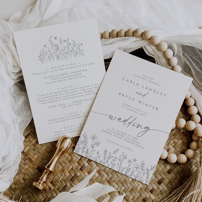 Convite Gray Calligraphy Wildflower Front and Back Wedding (Criador carregado)