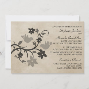 Convite Gray Floral Lovebirds Wedding Invitation