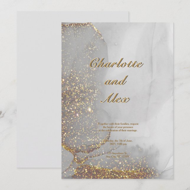 Convite Gray Glitter Chic Alcohol Ink Wedding Invitation (Frente/Verso)