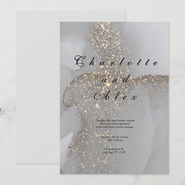 Convite Gray Glitter Elegant  Ink Wedding Invitation (Frente/Verso)