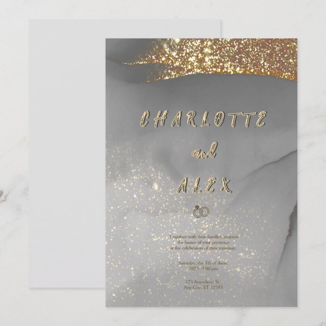 Convite Gray Gold Glitter Chic Ink Wedding Invitation (Frente/Verso)