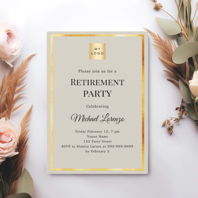 Convite Gray gold retirement party business logo (Criador carregado)