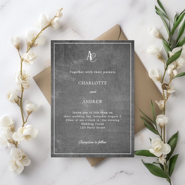 Convite Gray modern monogram rustic wedding (Criador carregado)