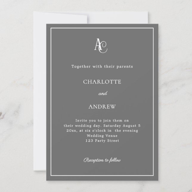 Convite Gray modern monogram wedding (Frente)