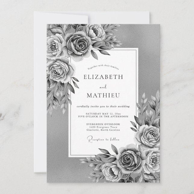 Convite Gray Painterly Floral Romance Wedding (Frente)