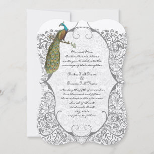 Convite Gray Whimsical  Peacock Love Bird Pattern Wedding