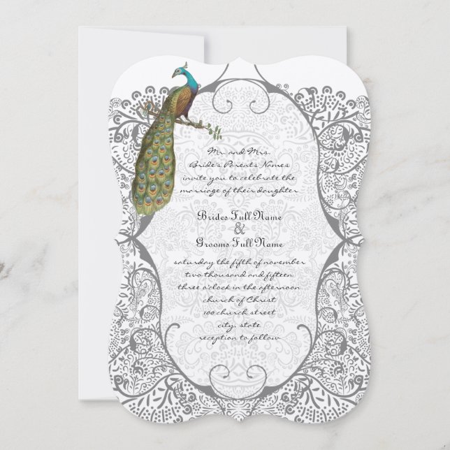 Convite Gray Whimsical  Peacock Love Bird Pattern Wedding (Frente)
