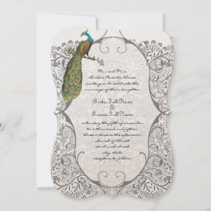 Convite Gray Whimsical  Peacock Love Bird Pattern Wedding